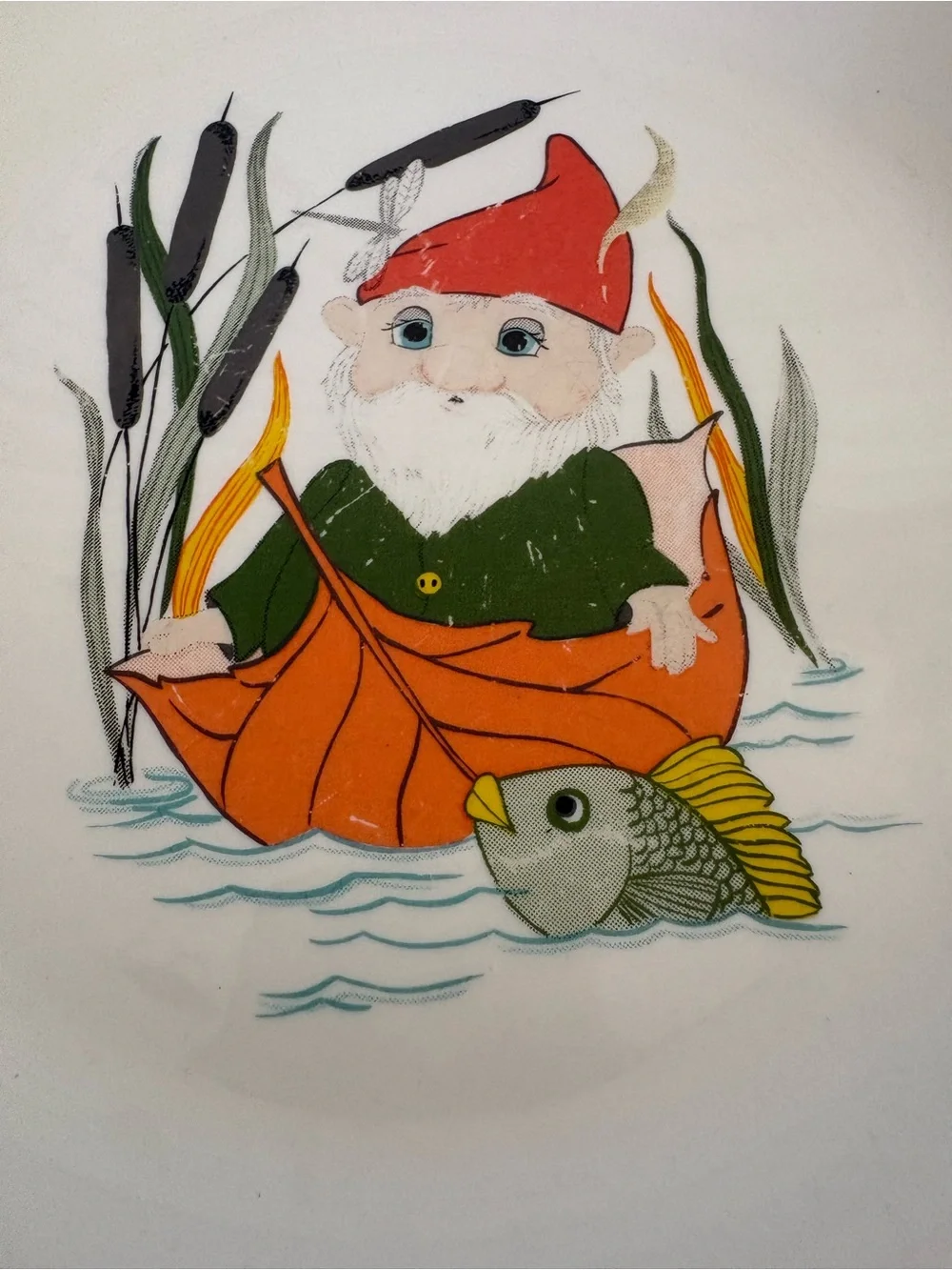 White Ceramic Child’s Plate with Orange-Red Gnome Design- Homer Laughlin